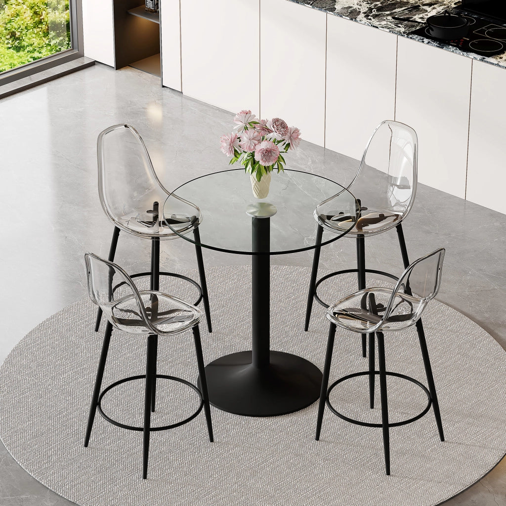 Set Tavolo Bar con 4 Sgabelli ¨C MINIMAL ¨C Piano in Vetro 89 cm, Telaio in Metallo Nero