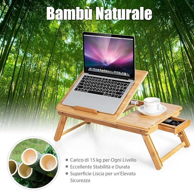 Vassoio per Laptop con Gambe Regolabili e Piano di Dissipazione Termica Inclinabile, Tavolino da Letto Pieghevole con Cassetto Portaoggetti per Leggere, Scrivere e Mangiare (Legno)