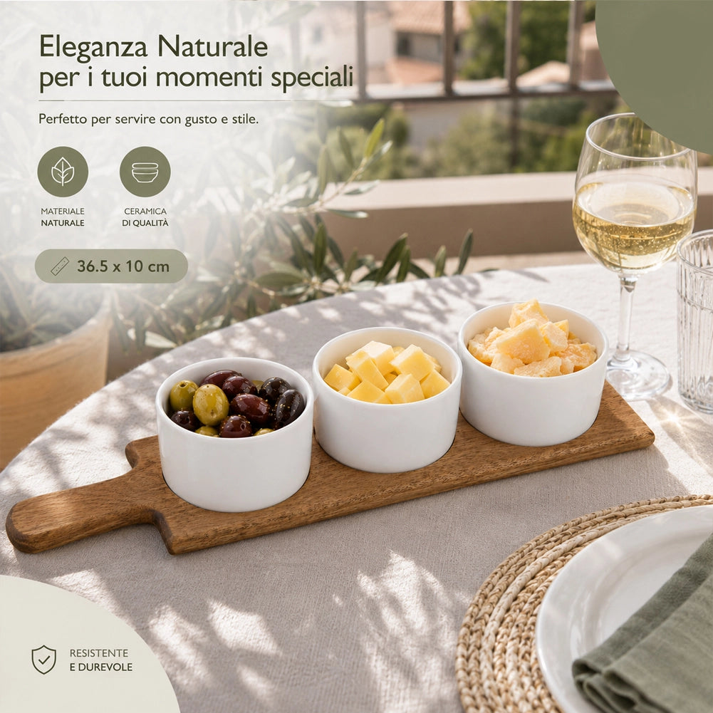 Vassoio Aperitivo da Portata in Legno Ciotole Ciotoline in Ceramica 36.5x10 cm
