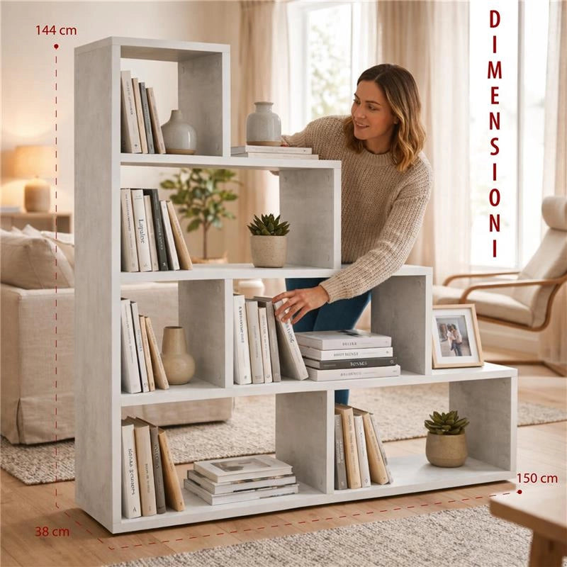 SCAFFALE A LIBRERIA DI DESIGN A SCALA L IN LEGNO DIMENSIONI 144X150X38 CM, COLORE OSSIDO BIANCO