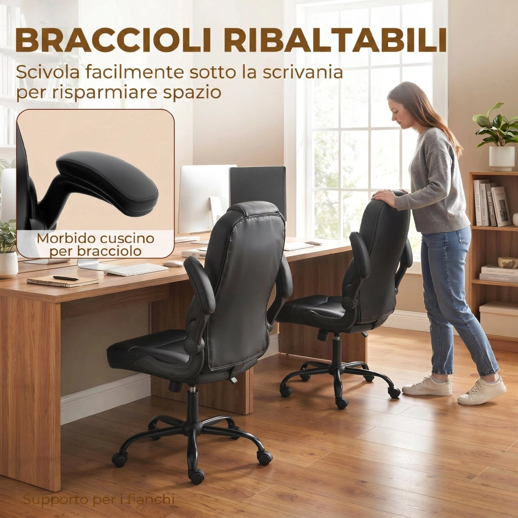 Sedia Ufficio Girevole. Funzione Dondolo. Braccioli Ribaltabili. Schienale Alto. Altezza Regolabile. Nero