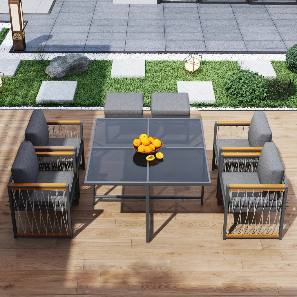 Tavolo da Giardino 7 Pezzi con 4 Poltrone e 2 Poggiapiedi; Mobili da Esterno per 6 Persone in Legno di Acacia; Metallo; Vetro e Poliestere; Terrazza Nero e Naturale
