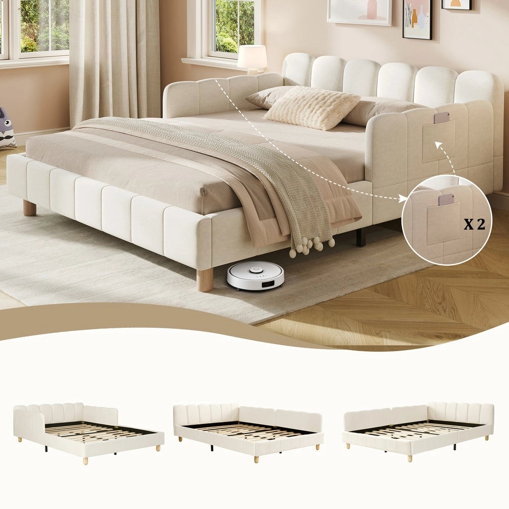 Letto imbottito per bambini 140x190 cm - Zephmum - Testiera e sponde imbottite, velluto, beige