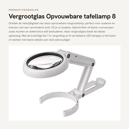 Lampada da tavolo pieghevole - 8 LED - Bianco - Visore - Ideale per anziani e appassionati - Utile per lavori di dettaglio