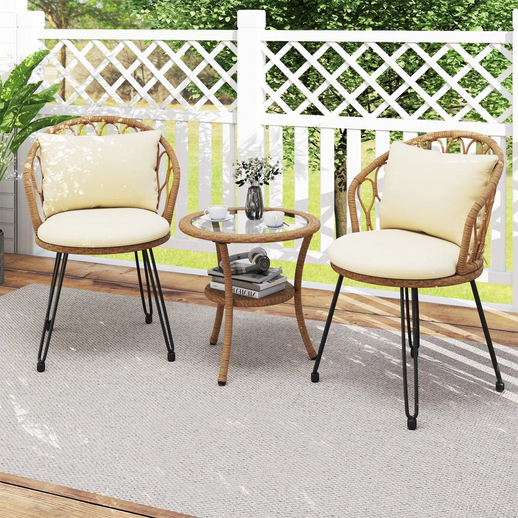 Set bistrò pe rattan 3 pz cuscini tavolino vetro temperato-Set conversazione 2 livelli sedie rattan mobili esterni balcone terrazza giardino