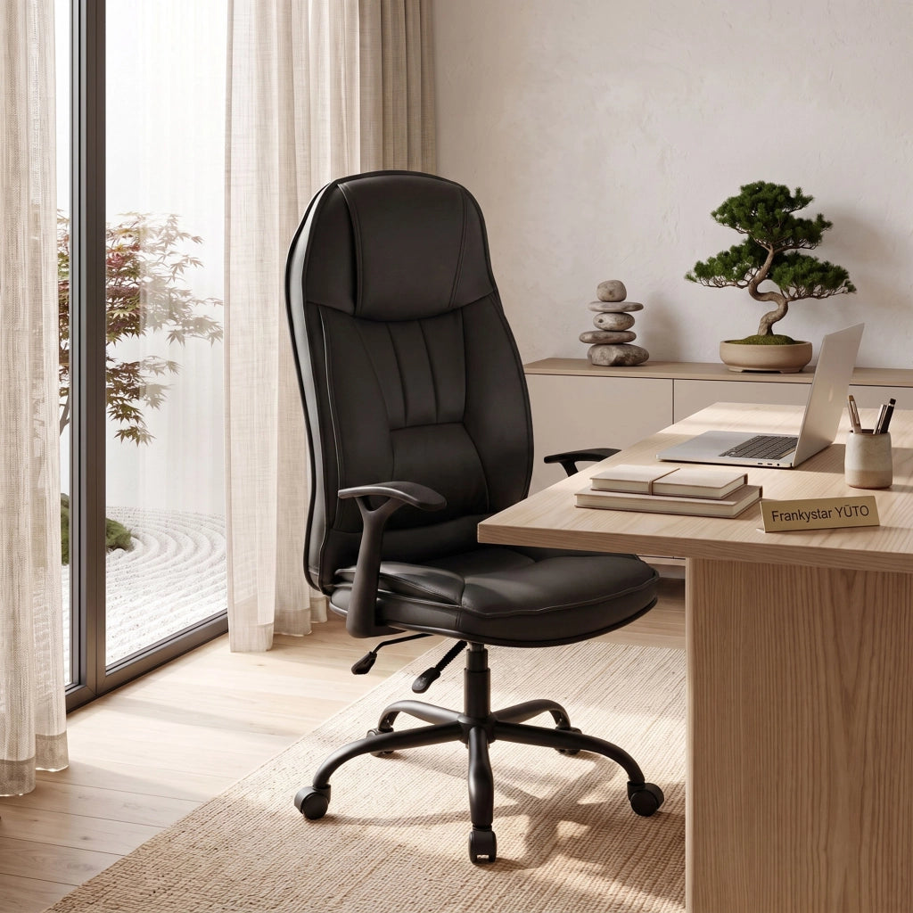 Yūto - Sedia Da Ufficio Ergonomica 50x131x47 cm Poltrona Direzionale Comoda con Ruote Girevoli in Similpelle Nera