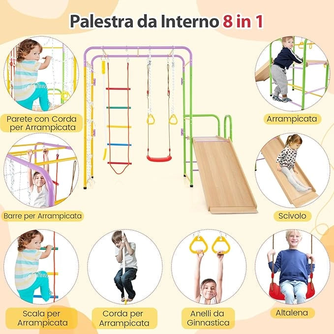 8 in 1 Set da Arrampicata per Bambini, Set Giocattoli Scivolo con Barre Scala Corda Anelli Ginnici e Altalena, Parco Giochi per Bambini 3 Anni +, Carico 100 kg