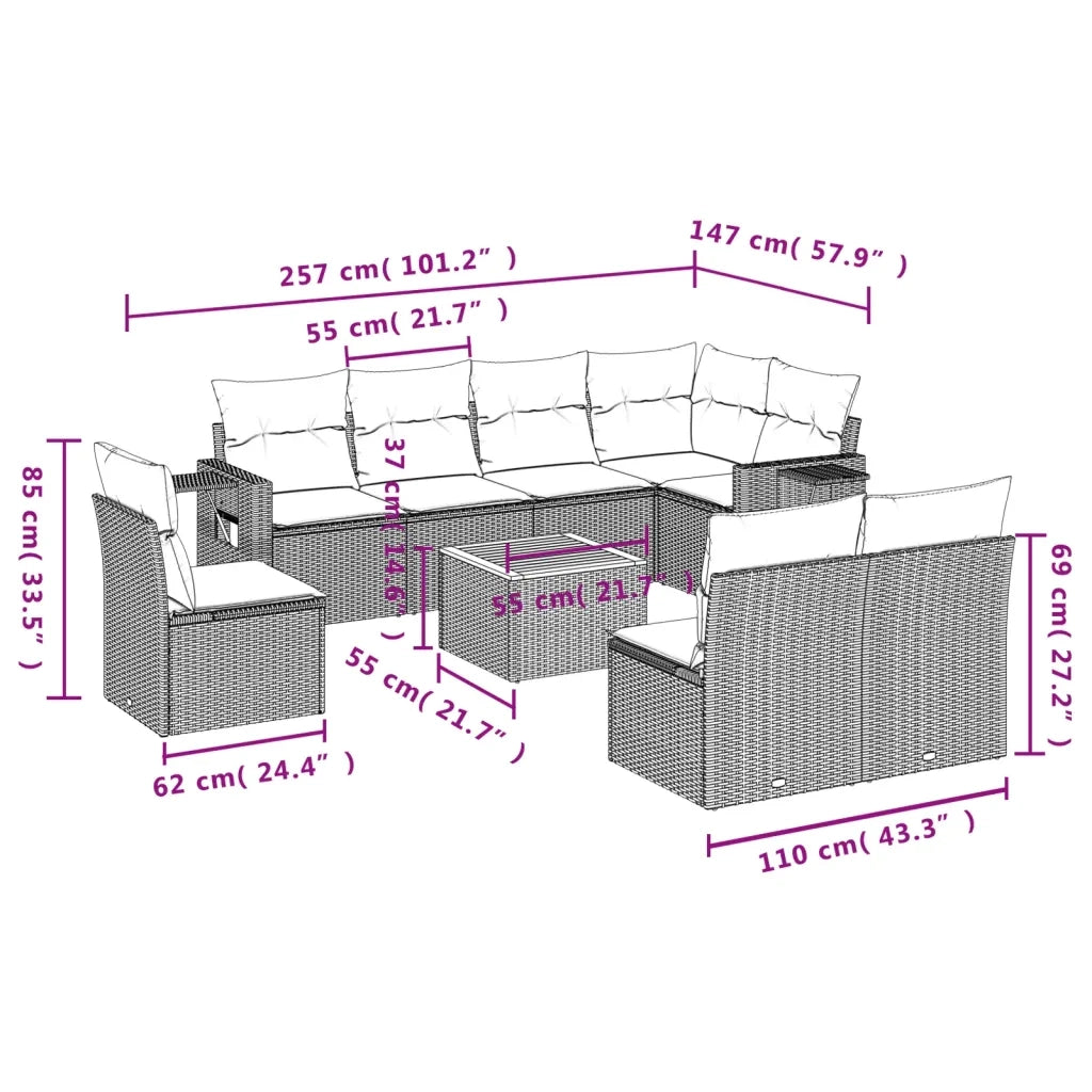 Set Divani da Giardino 9 pz con Cuscini Nero in Polyrattan 3224599