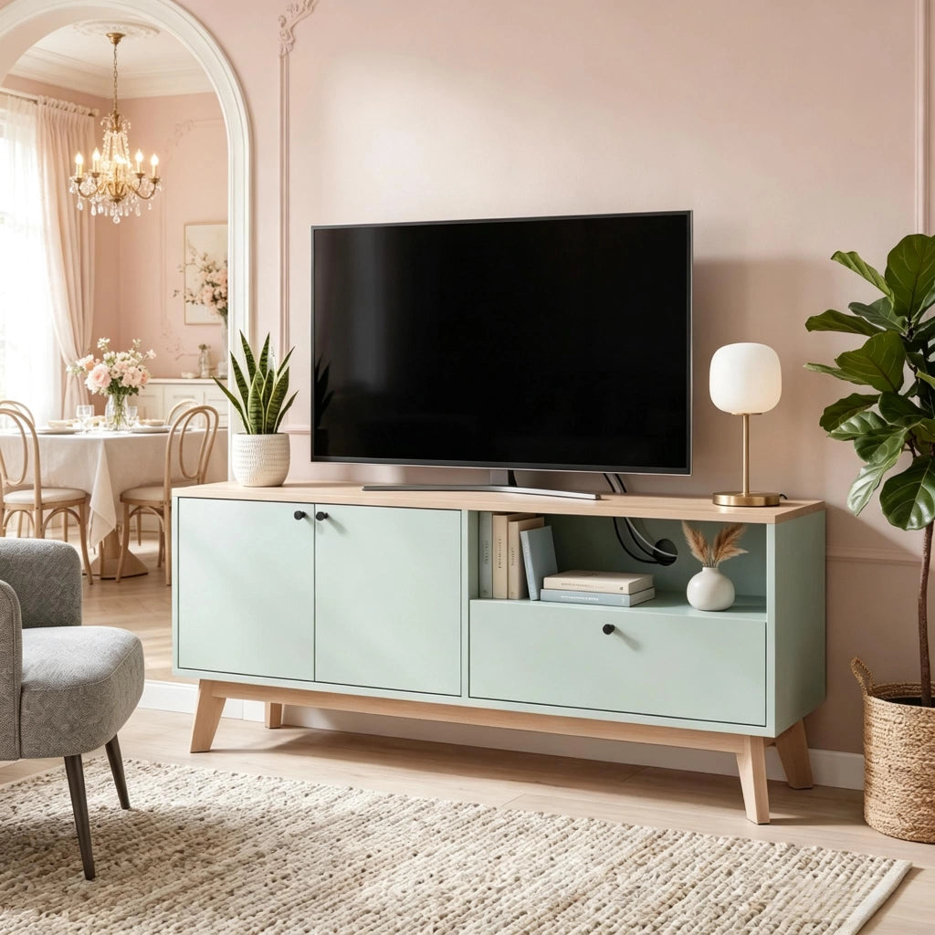 Mobile TV con 2 ante; 1 cassetto; 1 vano aperto; ripiano regolabile e passacavi; per soggiorno; 120 × 35 × 50 cm