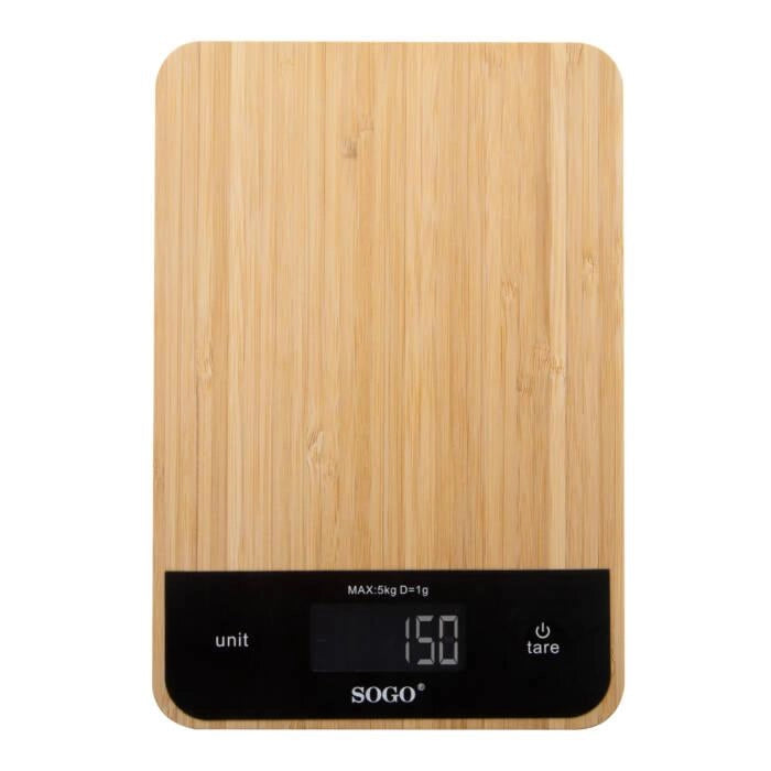 Bilancia da cucina digitale 5 kg con precisione 1 g, superficie in bambù e display touch LCD, funzione tara - Sogo