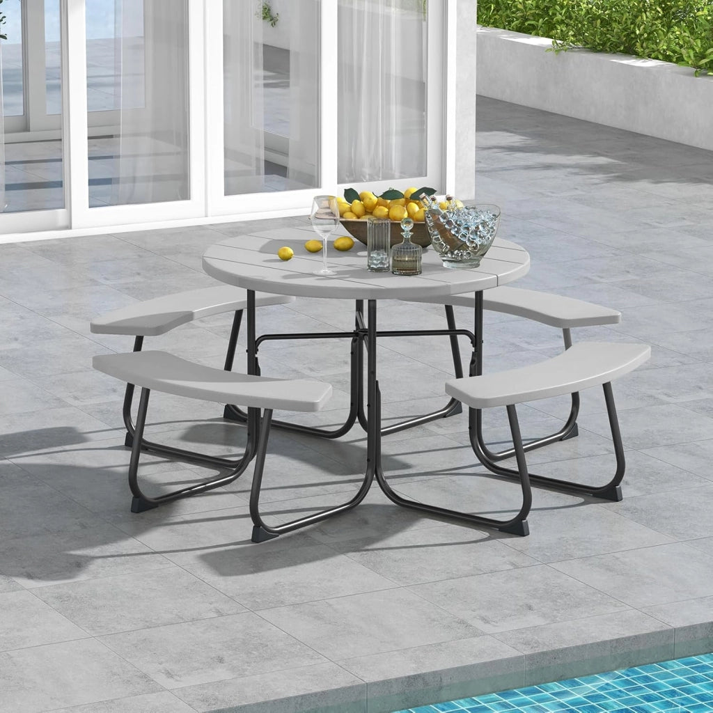 Set da Giardino per 8 Persone, Tavolo Rotondo da Picnic con 4 Panche, Tavolo da Birra in HDPE con Foro per Ombrellone, Set da Esterno Resistente