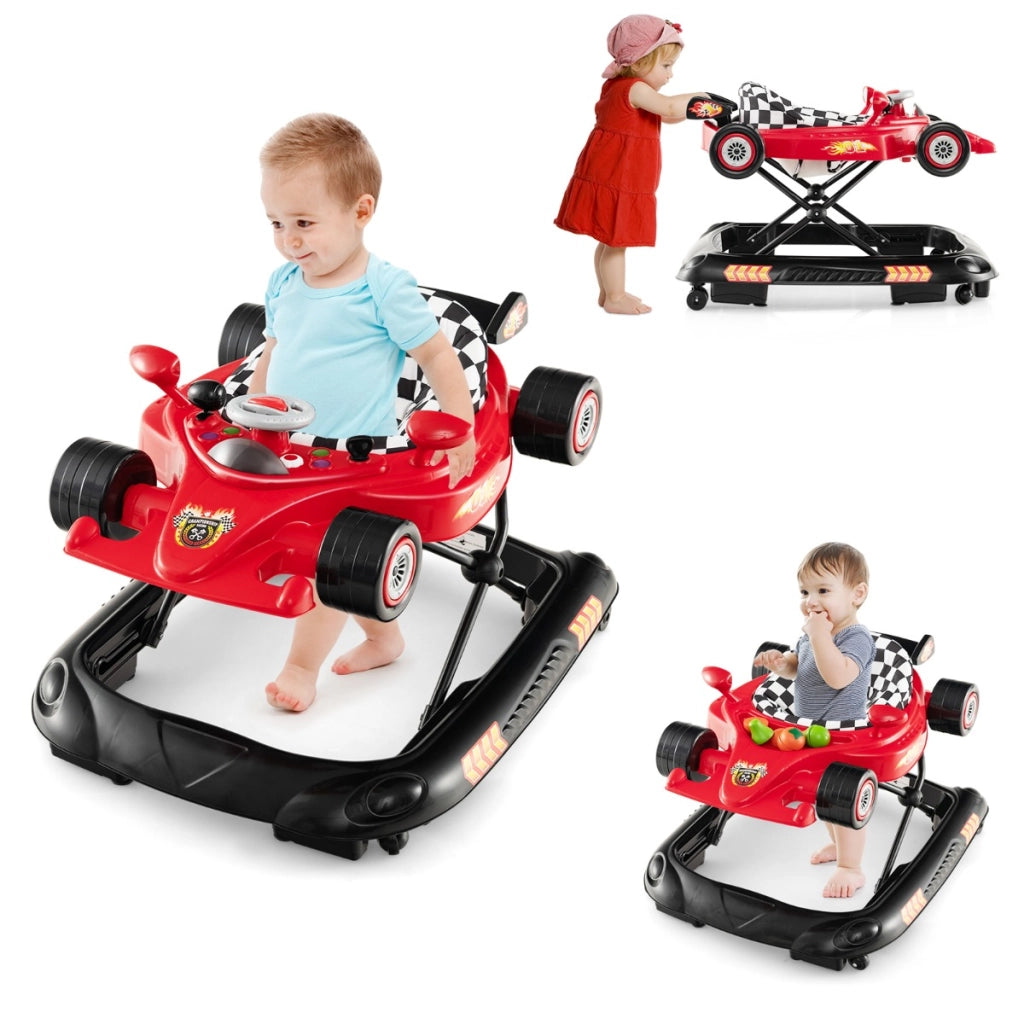 Girello per bambini pieghevole con altezza regolabile a 3 livelli vassoio rimovibile, Camminatore convertibile 4-in-1 Rosso-Primi passi