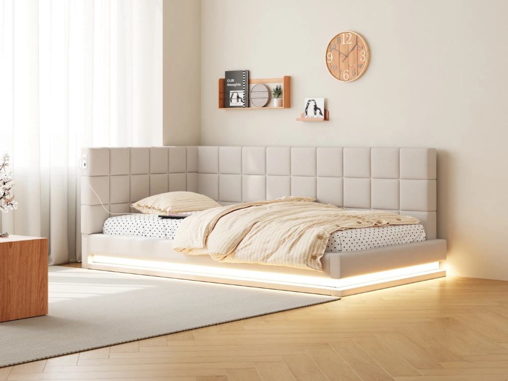 DESMIU Divano letto 90 × 200 cm 1 piazza con LED, USB e rete, senza materasso, in lino, beige