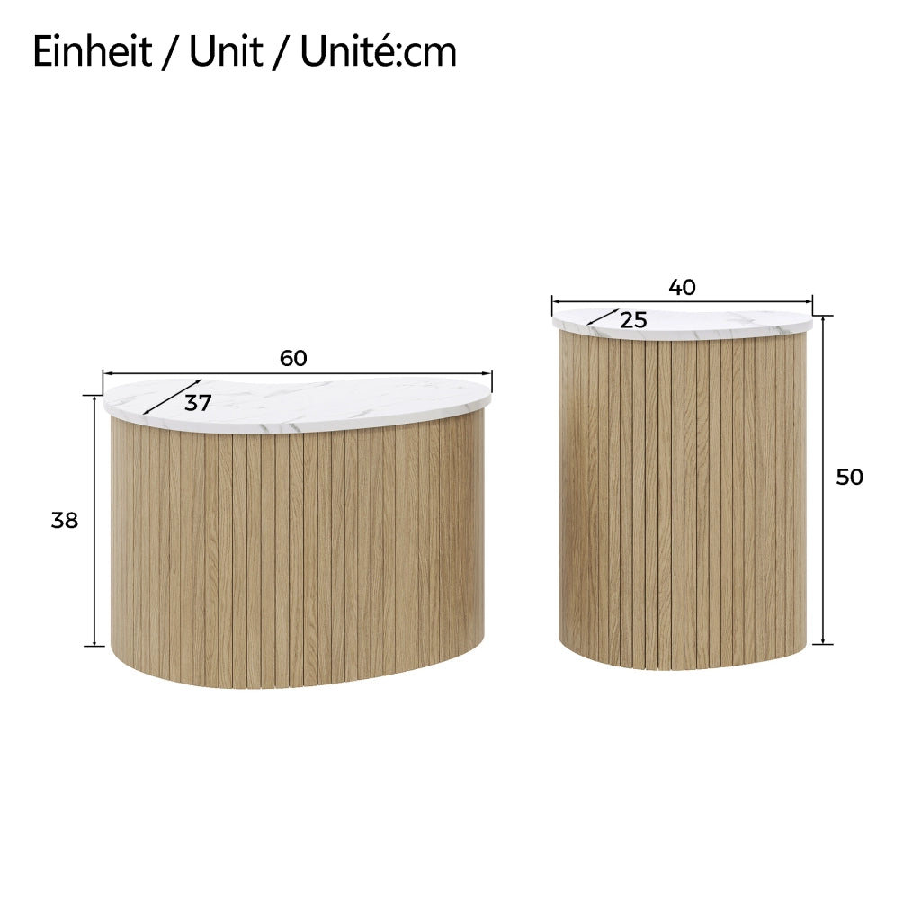 Tavolini da Caffè Nidificabili con 2 Piani; Effetto Marmo e Legno; Stile Scandinavo; in MDF; Naturale/Bianco