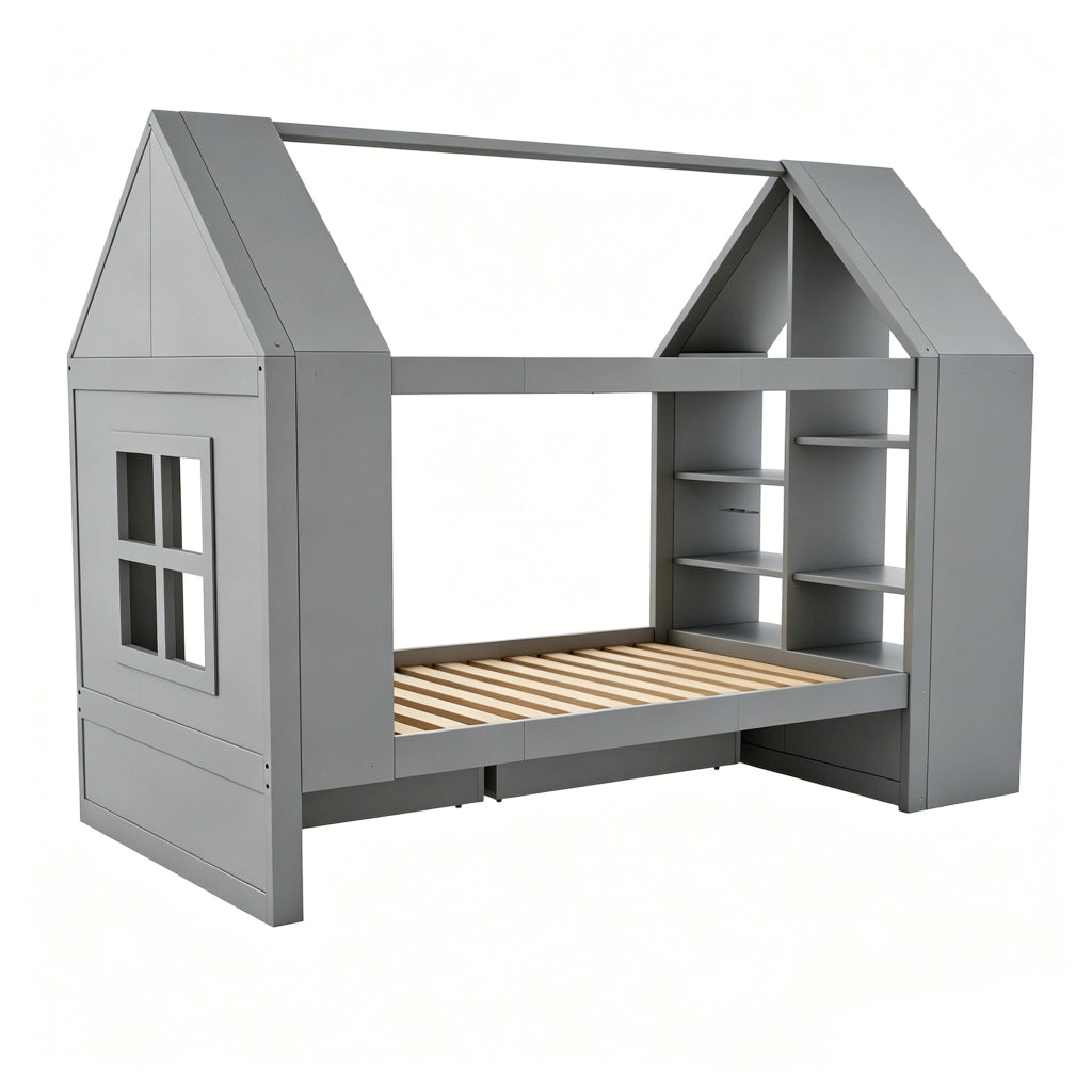 Letto casetta per bambini 90x200 cm con cassetti; vani contenitore e LED; grigio