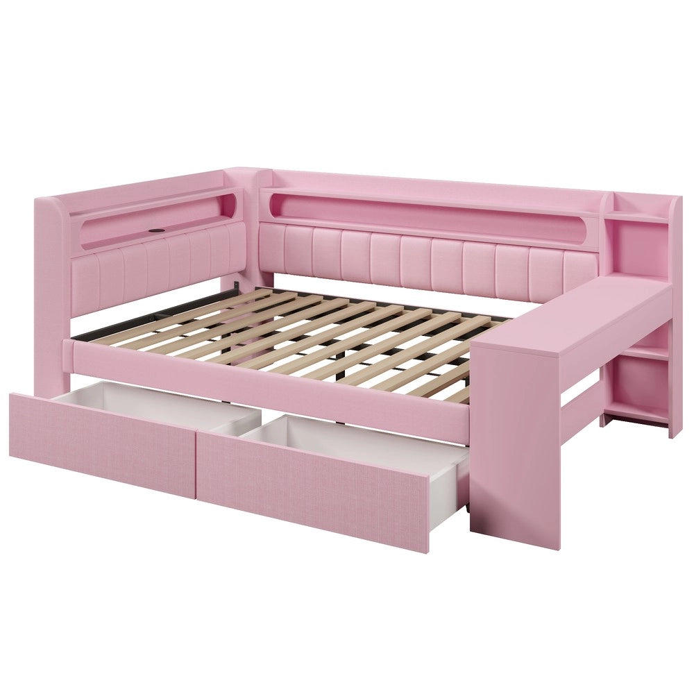 Letto Imbottito con Scrivania e Cassetti, LED e USB ¨C Xylo ¨C 140x200, Rosa