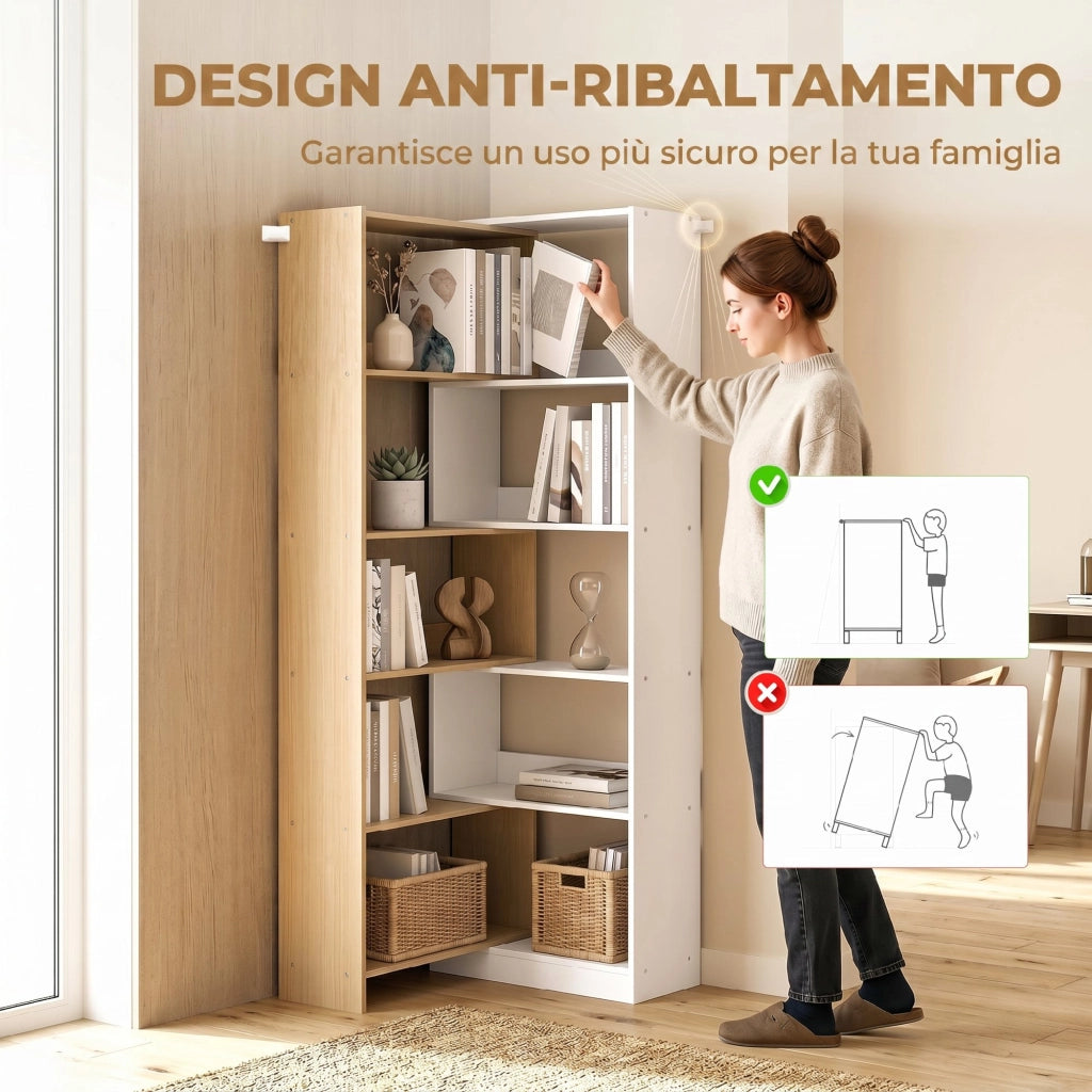 Libreria Angolare 67x67x163,7 cm a 5 Ripiani dal Design Modulabile e Salvaspazio in Legno Multicolore