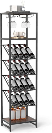 Portabottiglie da Terra a 7 Livelli, Cantinetta Portabottiglie di Vino con Portabicchieri e Piano d'Appoggio, per 16 Bottiglie, Scaffale Espositivo per Vino per Bar, Cucina e Sala da Pranzo