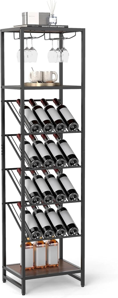 Portabottiglie da Terra a 7 Livelli, Cantinetta Portabottiglie di Vino con Portabicchieri e Piano d'Appoggio, per 16 Bottiglie, Scaffale Espositivo per Vino per Bar, Cucina e Sala da Pranzo