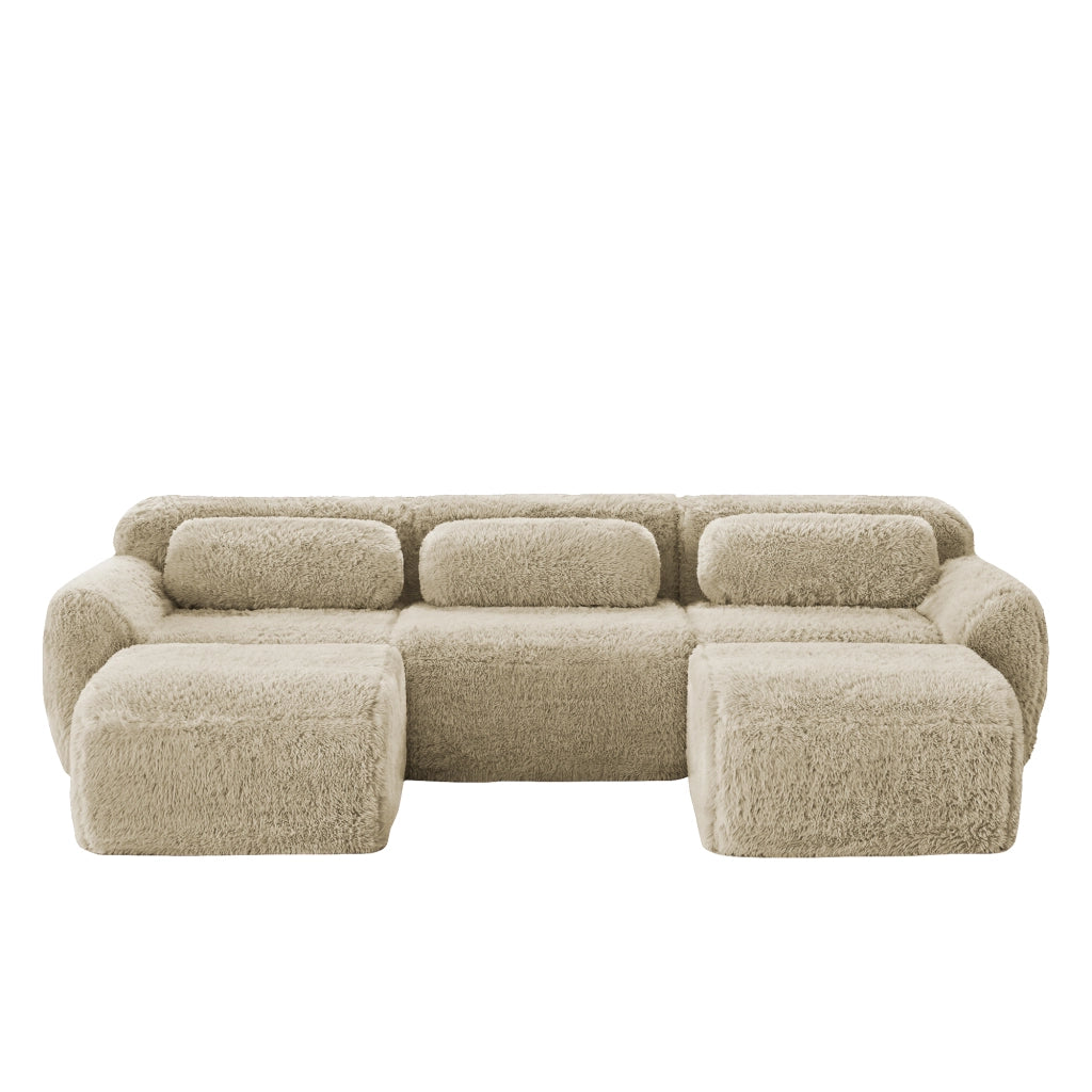 Divano Modulare a U 2-4 Posti senza Montaggio con Cuscini Base Antiscivolo Comfort Nuvola in Peluche Cachi Chiaro