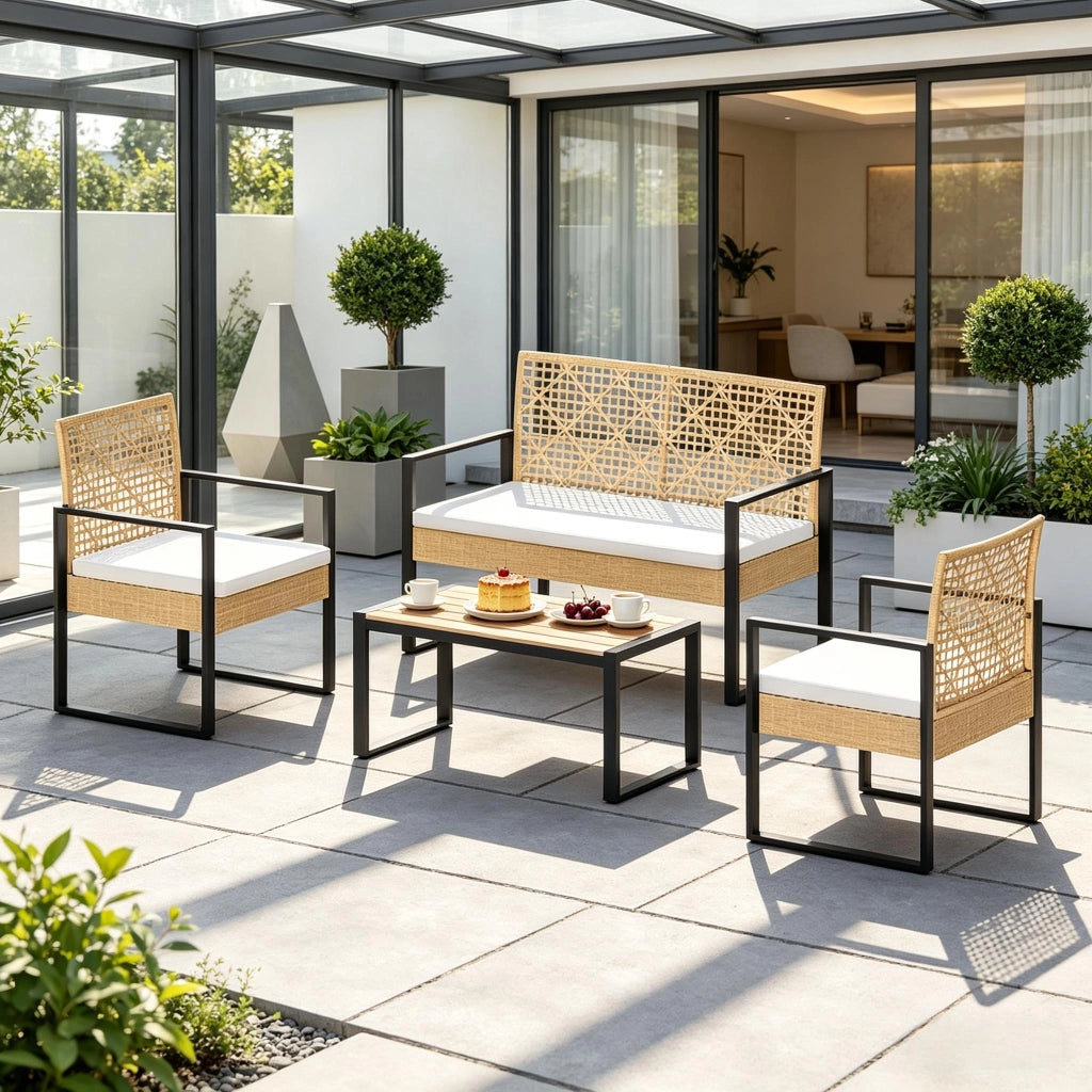 SALOTTO da giardino modulare Set da 4 pezzi in rattan PE e metallo color legno naturale