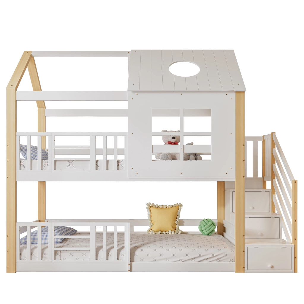 Letto a Castello 90x200 cm; 2 Posti - Scaletta contenitore; Tetto e Finestre - Bianco Naturale