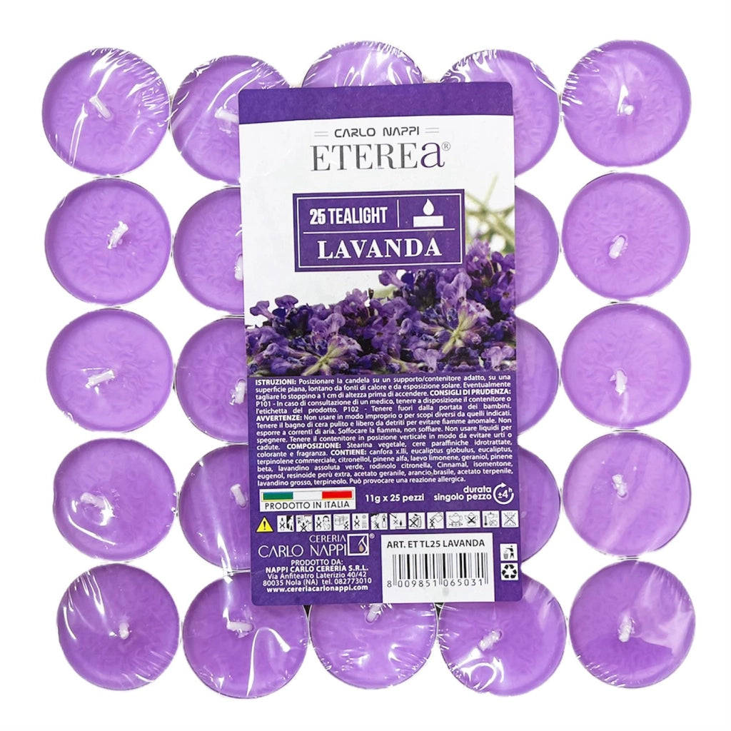 TEA LIGHT PROFUMATE ALLA LAVANDA IN CONFEZIONE DA 25 PEZZI
