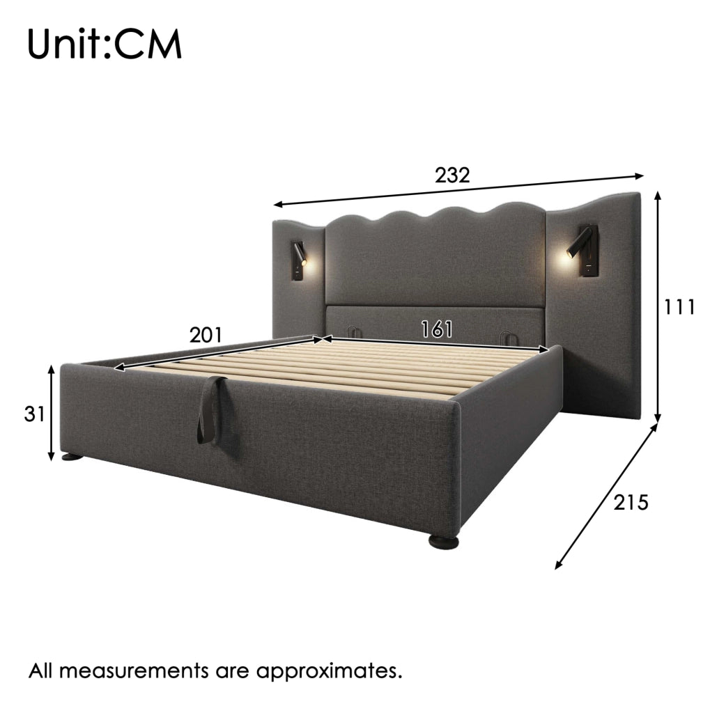 Letto matrimoniale 160x200 cm con contenitore; luce da lettura e porte USB Type-C; grigio