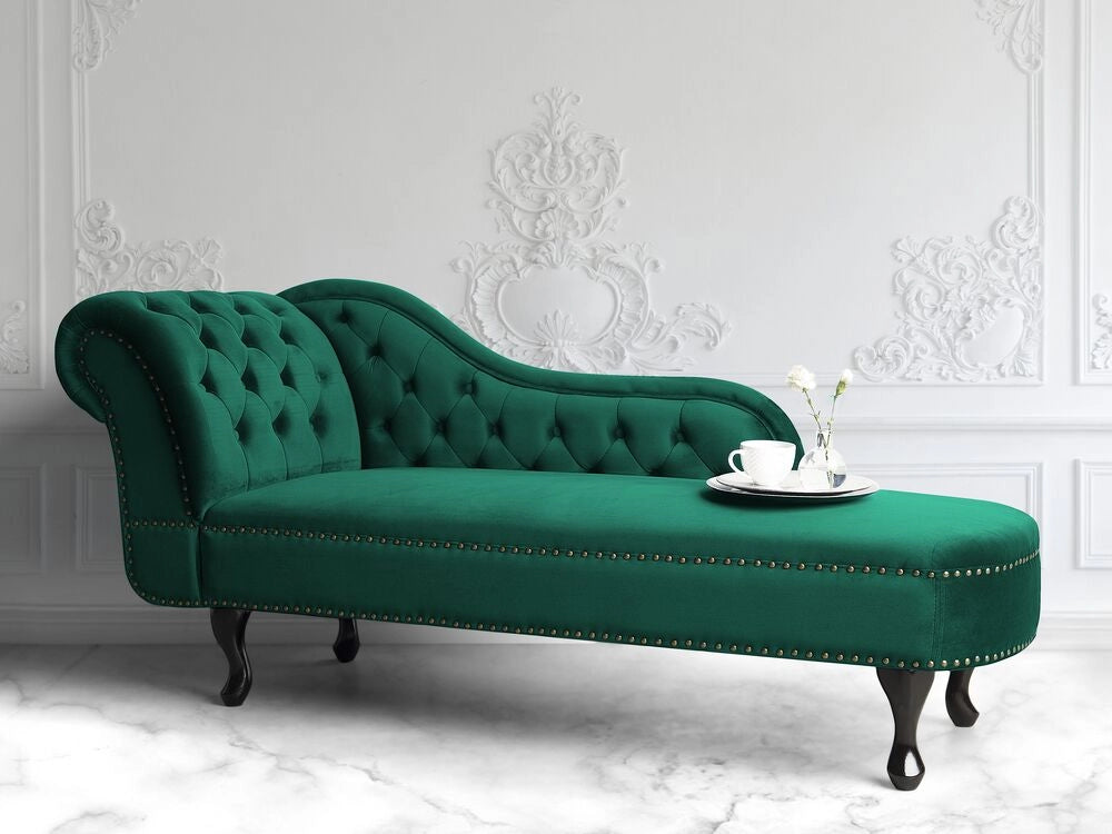 Chaise longue Verde versione sinistra Velluto Con Bottoni Inchiodati