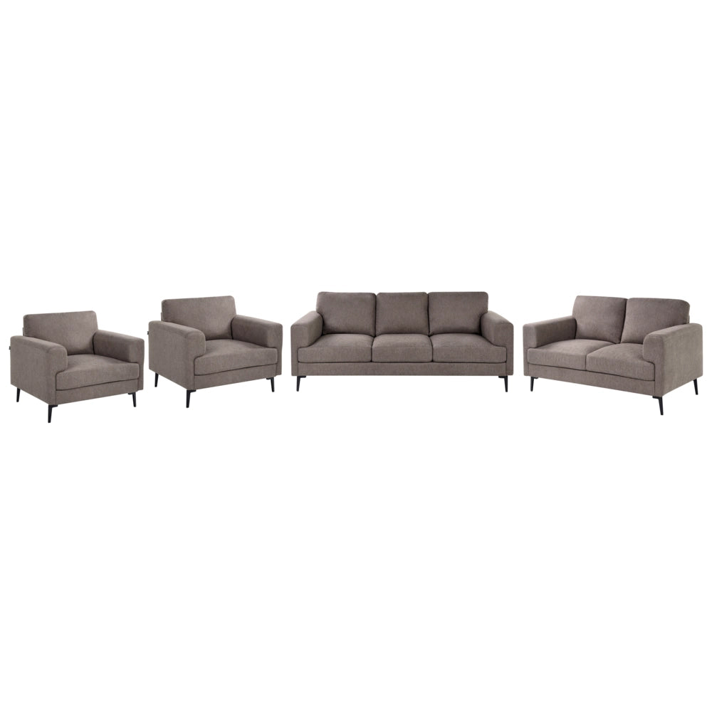 Set soggiorno minimalista in tessuto in stile moderno di metà secolo, 2 posti, 3 posti, 2 poltrone, gambe in metallo, braccioli lineari marrone