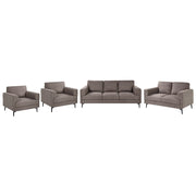 Set soggiorno minimalista in tessuto in stile moderno di metà secolo, 2 posti, 3 posti, 2 poltrone, gambe in metallo, braccioli lineari marrone