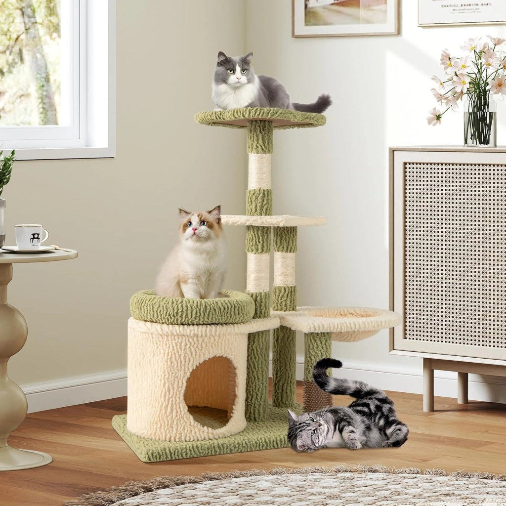 Tiragraffi per Gatto Alto 100 cm, Albero Tiragraffi Gatto con 3 Pali in Sisal, 4 Piattaforme e Grotta, Cuccia Albero Gatto Rivestito in Peluche, Verde e Bianco