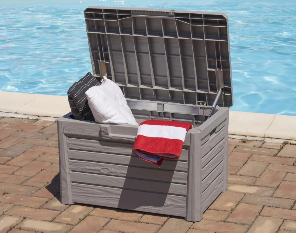 Baule da esterno e interno Compact Box Florida 120 litri con seduta effetto legno colore grigio tortora Toomax