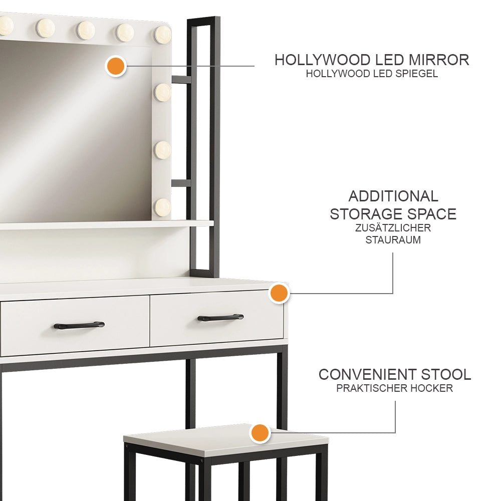 Vicco Tavolo da toilette Bianco 90 cm Con illuminazione a LED e sgabello