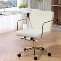 Sedia da ufficio con base in metallo e ruote, rivestimento in tessuto effetto velluto, Bianco crema