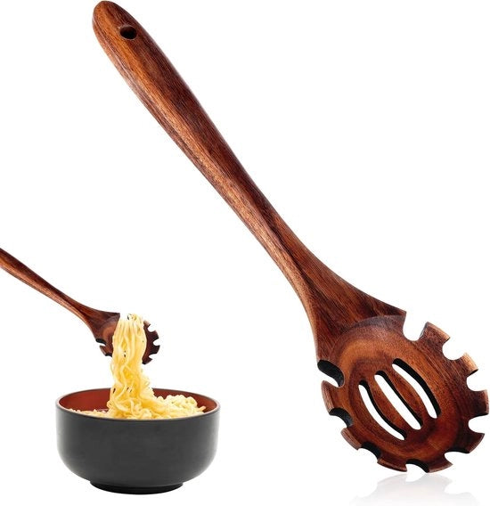 Spaghettilepel in legno 30 cm - Alta qualità spaghettitang - Pasta opscheplepel con denti - Noedeltang in legno con gancio di appoggio - Resistente al lavastoviglie - Per cucinare pasta - Accessori da cucina