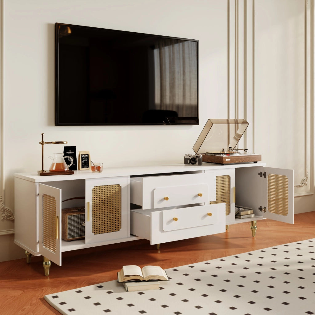 Mobile TV con 4 Ante in Rattan PVC e 2 Cassetti Push-to-Open; Piedini Metallo Dorati; in Pannello Truciolare; Bianco; 175¡Á38¡Á55;5 cm