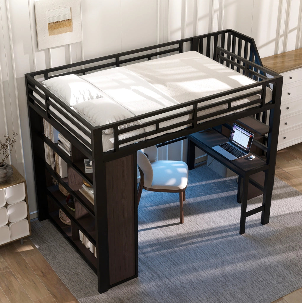 Letto a soppalco 140x200 cm con scrivania; scaffali; scala contenitore e LED in metallo e MDF nero