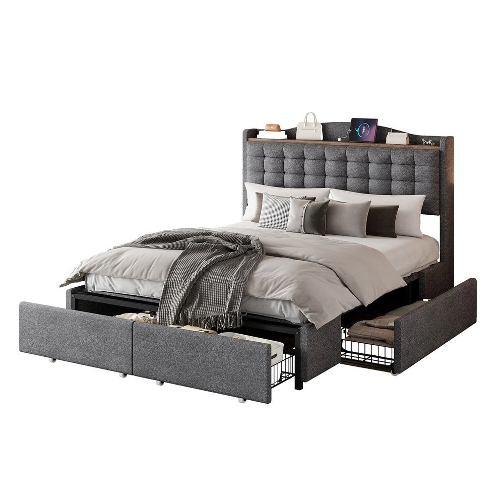 Letto Imbottito Matrimoniale con Cassetti e Comodini ¨C MINIMAL ¨C Tessuto Grigio 140x200