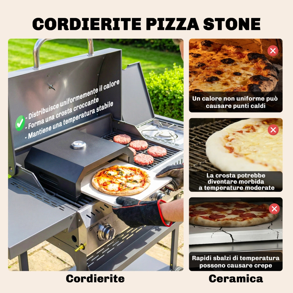 Mini Forno per Pizza da Barbecue 53x40x18,5 cm con Pietra in Cordierite e Termometro in Metallo Nero