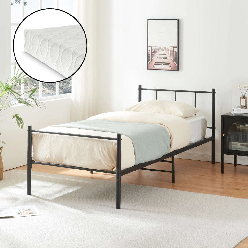 Letto Singolo Laos con Materasso 90x200 cm Letto in Acciaio con Testiera e Pediera - Nero [en.casa]