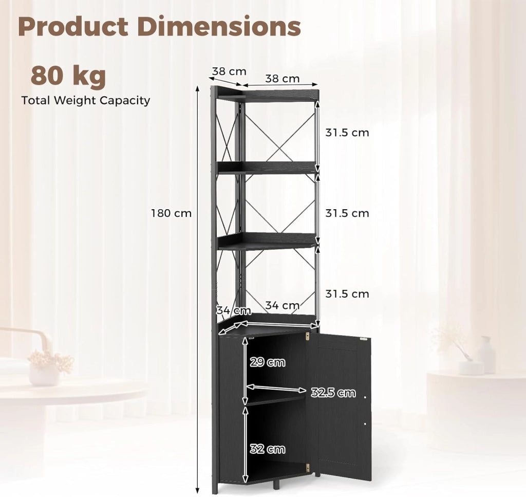 Mensola angolare in piedi con armadio e 6 livelli, 180 cm alto con ripiano regolabile a 5 livelli, vetrina angolare indipendente con porta, scaffale industriale (nero)