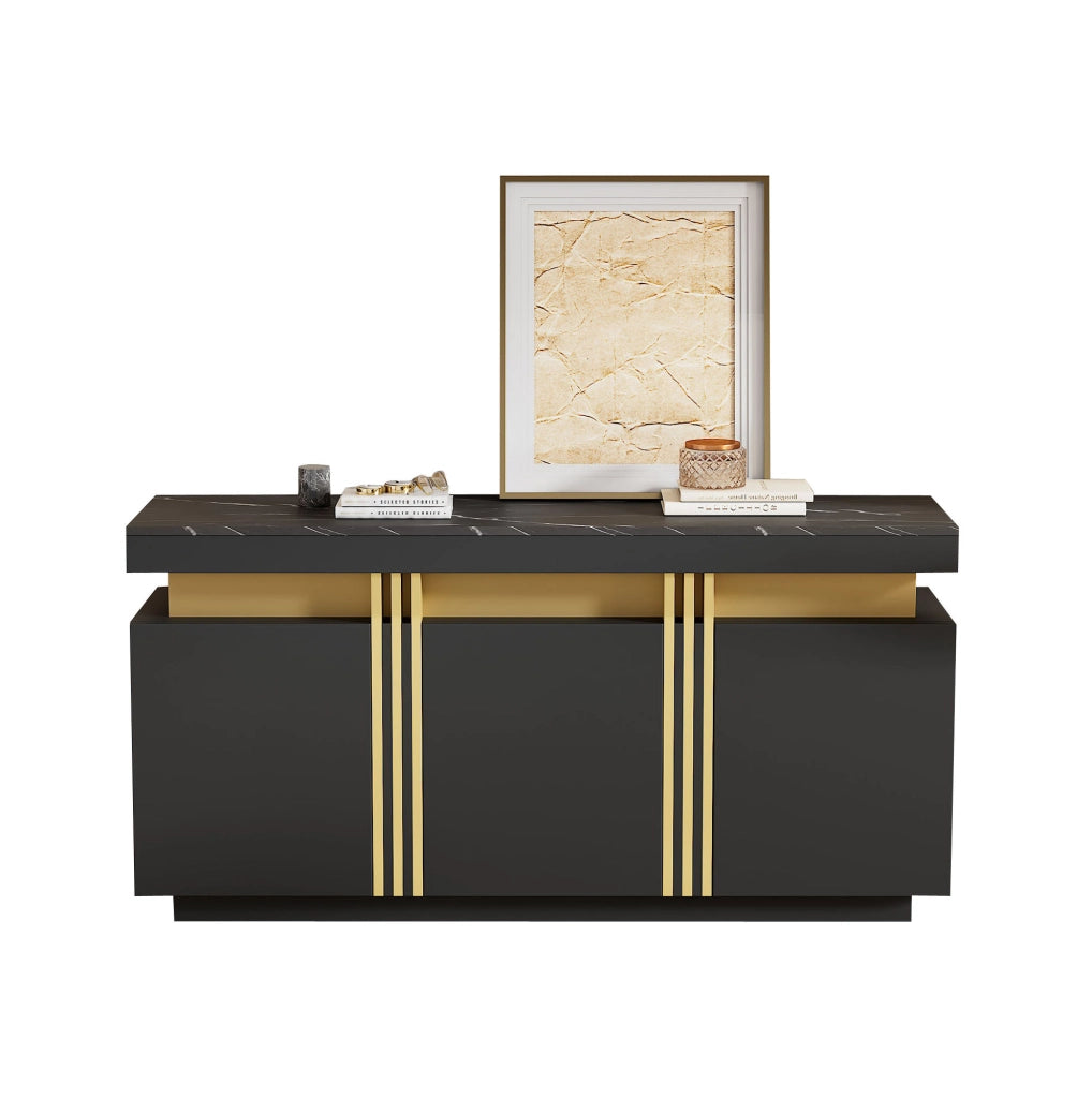 Credenza 140x38x70 cm nera e oro in pannello truciolare, 3 ante