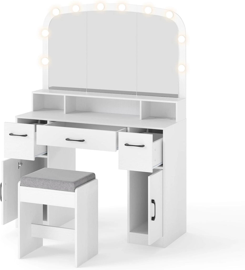 Tavolo da toeletta con luci a LED regolabili, set da toeletta con specchio, tavolo da trucco, sgabello imbottito, 3 scomparti aperti, 3 cassetti, 2 armadi, stazione di ricarica (marrone)