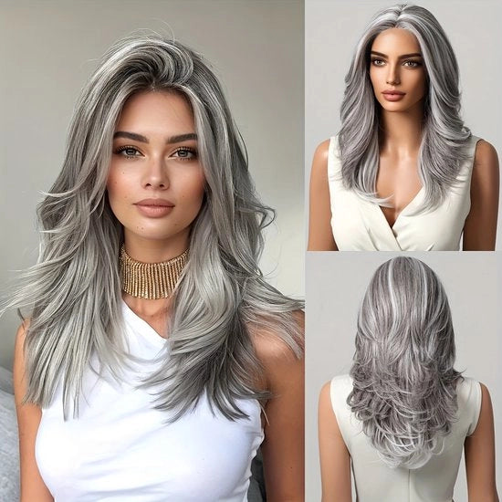 Pruik 20 pollici, fronte a reticella per donne, capello lungo e ondulato grigio con sfumature bianche, sintetico termoresistente, linea di capelli elegante, adatto per uso quotidiano, feste e cosplay.