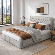 Letto imbottito in lino 180x200 cm con contenitore, stile minimalista europeo, grigio, senza materasso