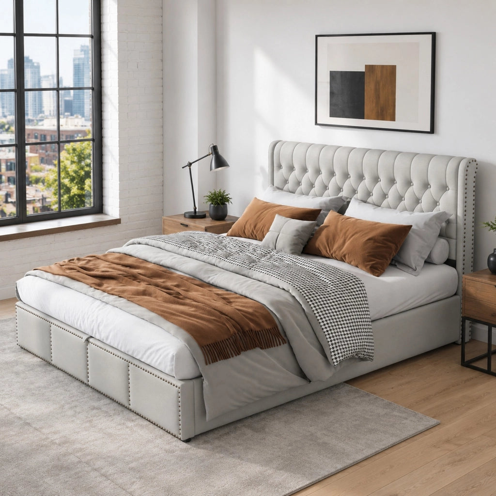 Letto imbottito in lino 180x200 cm con contenitore, stile minimalista europeo, grigio, senza materasso