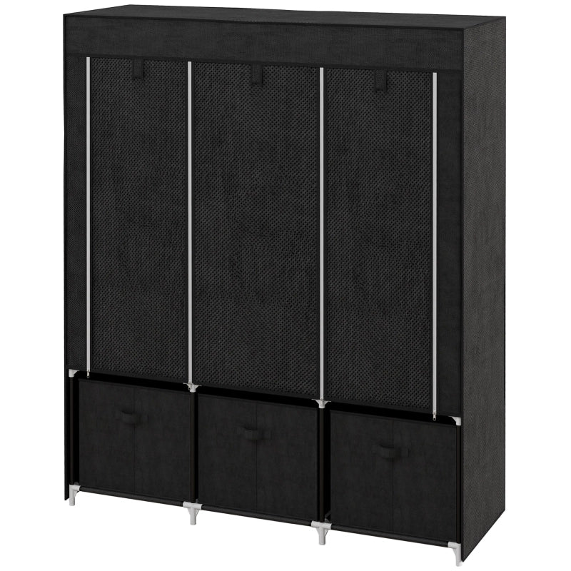 Armadio in tessuto con 2 barre appendiabiti, 5 ripiani aperti, 3 cassetti in tessuto, 125 x 43 x 162,5 cm, nero