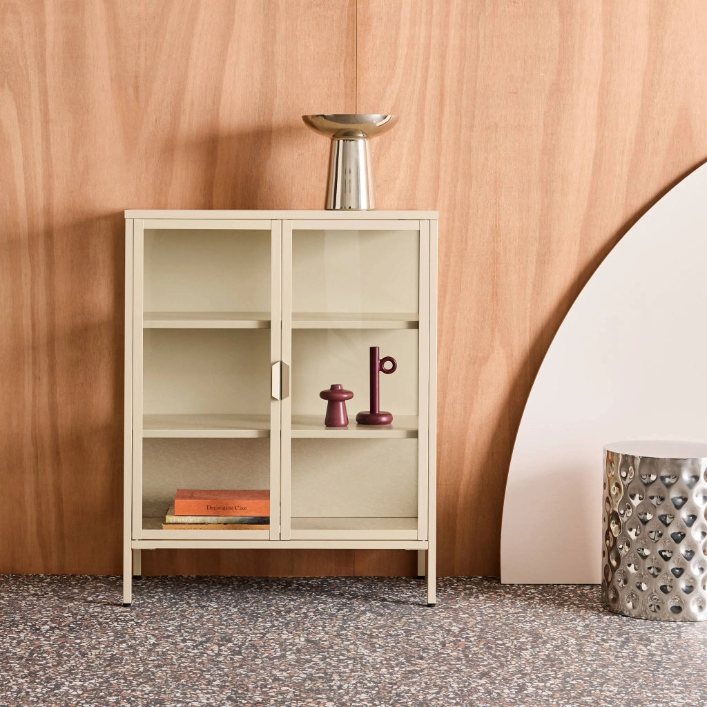 Vetrina in acciaio e vetro temperato con 2 ante, 102cm, beige