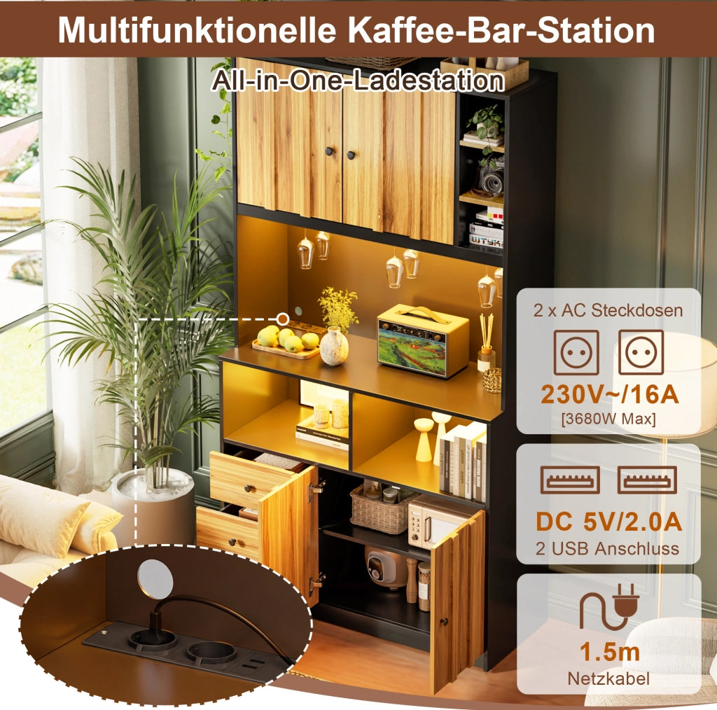 Mobile alto da cucina con LED RGB, prese USB e portabicchieri